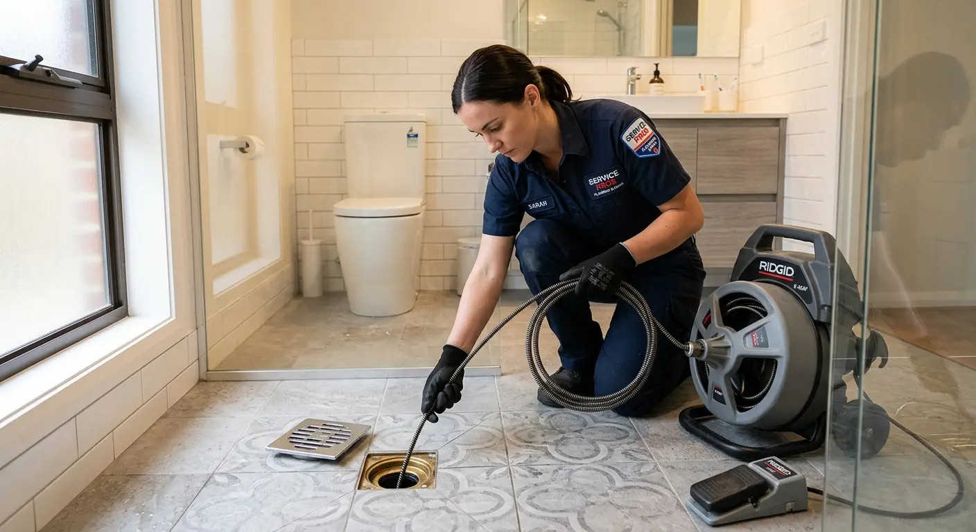 Technician clearing a bathroom floor drain for Drain Cleaning in Londonderry